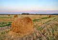 Beautiful summer farm image with haystacks. Field evening landscape with rolls. Agriculture concept.