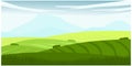 Beautiful summer fields landscape with a dawn, green hills, bright color blue sky, mountain background in flat cartoon style banne Royalty Free Stock Photo