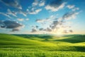 Beautiful Summer Fields Landscape With Sunrise, Green Hills, And Blue Sky. Generative AI