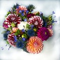 Dahlia flower bouquet with thistles and African lilies in vibrant colors, summer flowers in arrangement. Top view.