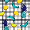 Beautiful summer fruits banana , pineapple,lemon on monotone ch