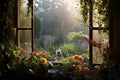 Beautiful summer garden with flowers and sunlight through the old window, AI Generated Royalty Free Stock Photo