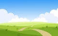 Beautiful summer grassy meadow landscape. Spring nature sunny day. Bright background with cloudy sky in the park, place for text.