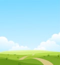 Beautiful summer grassy meadow landscape. Spring nature sunny day. Bright background with cloudy sky in the park, place for text.