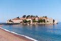 Beautiful summer landscape of Adriatic coast in Budva Riviera with view of Sveti Stefan, Montenegro Royalty Free Stock Photo