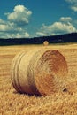 Beautiful summer landscape. Agricultural field. Round bundles of dry grass in the field with bleu sky and sun. Hay bale - haystack Royalty Free Stock Photo