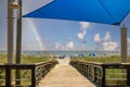 A beautiful summer landscape at the beach with a wooden footpath, people on the beach with colorful umbrellas, blue ocean water