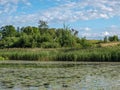 Beautiful summer landscape with calm lake, meadows, Royalty Free Stock Photo