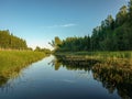 Beautiful summer landscape with calm lake, meadows, Royalty Free Stock Photo