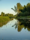 Beautiful summer landscape with calm lake, meadows,