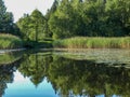 Beautiful summer landscape with calm lake, meadows, Royalty Free Stock Photo