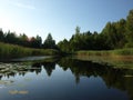 Beautiful summer landscape with calm lake, meadows, Royalty Free Stock Photo