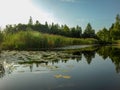 Beautiful summer landscape with calm lake, meadows, Royalty Free Stock Photo