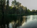 Beautiful summer landscape with calm lake, reflections of different trees,