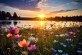 Beautiful summer landscape with colorful flowers and a sunset over the lake. Generative AI Royalty Free Stock Photo