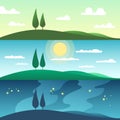 Beautiful summer landscape in different times of day. Cartoon vector illustration Royalty Free Stock Photo