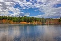 Beautiful summer landscape, forest trees are reflected in calm river water against a background of blue sky and white clouds Royalty Free Stock Photo