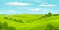 Beautiful summer landscape with green hills, bushes and horizon line, sky with clouds, summertime Royalty Free Stock Photo