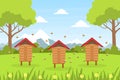 Beautiful Summer Landscape with Green Meadow, Wooden Beehives and Bees Cartoon Style Vector Illustration. Cartoon Vector Royalty Free Stock Photo