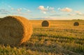 Hay Straw Bale On Field On Blue Sky With Clouds. Royalty Free Stock Photo