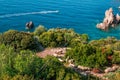 Beautiful summer landscape with Ionian Sea, mountains and grazing sheep Royalty Free Stock Photo