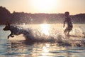 Beautiful summer landscape. A kid is playing with a dog in lake. Water splashes . Sunset. Happy childhood. Bright summer scene. Royalty Free Stock Photo