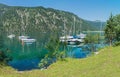 beautiful summer landscape lake Achensee, green shore and moored sailboats Royalty Free Stock Photo