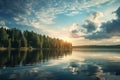 Beautiful summer landscape with lake and forest. Dramatic sky and cloud reflection in water Royalty Free Stock Photo