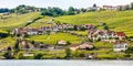 Beautiful Summer landscape of Lake Geneva, Lavaux vineyard terraces and Alps, Swiss Riviera, Switzerland, Europe Royalty Free Stock Photo