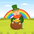 Beautiful Summer Landscape with Leprechaun, Pot of Gold Coins and Rainbow, St. Patricks Day, Traditional Irish Folklore Royalty Free Stock Photo