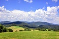 Beautiful summer landscape in the mountains with green meadows and forested hills Royalty Free Stock Photo