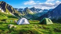 Beautiful summer landscape with mountains, with a tourist tent in the foreground on a sunny day Royalty Free Stock Photo