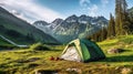 Beautiful summer landscape with mountains, with a tourist tent in the foreground on a sunny day Royalty Free Stock Photo