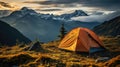 Beautiful summer landscape with mountains, with a tourist tent in the foreground on a sunny day Royalty Free Stock Photo