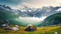 Beautiful summer landscape with mountains, with a tourist tent in the foreground on a sunny day Royalty Free Stock Photo