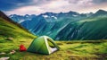 Beautiful summer landscape with mountains, with a tourist tent in the foreground on a sunny day Royalty Free Stock Photo