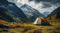 Beautiful summer landscape with mountains, with a tourist tent in the foreground on a sunny day Royalty Free Stock Photo