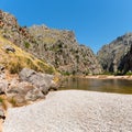 Beautiful summer landscape of nature in Mallorca island. River Torrent de Pareis between rocky mountains. Popular tourist