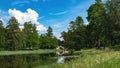 Beautiful summer landscape with an old bridge over the pond in the Park. Royalty Free Stock Photo