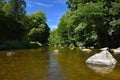 Beautiful summer landscape with river, forest, sun and blue skies. Natural background. Royalty Free Stock Photo