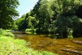 Beautiful summer landscape with river, forest, sun and blue skies. Natural background. Royalty Free Stock Photo