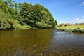 Beautiful summer landscape with river, forest, sun and blue skies. Natural background. Royalty Free Stock Photo