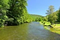 Beautiful summer landscape with river, forest, sun and blue skies. Natural colorful background. Jihlava River, Czech Republic - Royalty Free Stock Photo