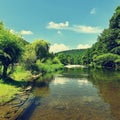 Beautiful summer landscape with river, forest, sun and blue skies. Natural colorful background. Jihlava River. Czech Republic - Royalty Free Stock Photo
