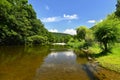 Beautiful summer landscape with river, forest, sun and blue skies. Natural colorful background. Jihlava River. Czech Republic - Royalty Free Stock Photo