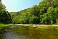 Beautiful summer landscape with river, forest, sun and blue skies. Natural colorful background. Jihlava River. Czech Republic - Royalty Free Stock Photo