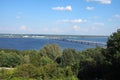 Beautiful summer landscape. River View. The long bridge over the river. Nature. Royalty Free Stock Photo