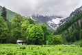 Beautiful summer landscape. Small white house in a mountains. Avadhara, Republic of Abkhazia