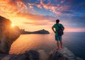 Beautiful summer landscape with standing man with backpack Royalty Free Stock Photo