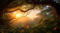 beautiful summer landscape at sunset, an old big tree in the forest, sunlight shines through with twisting branches, a glade Royalty Free Stock Photo